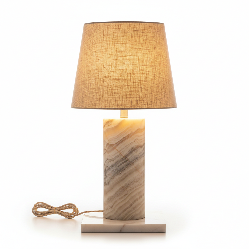 Hand-turned alabaster table lamp with natural linen shade