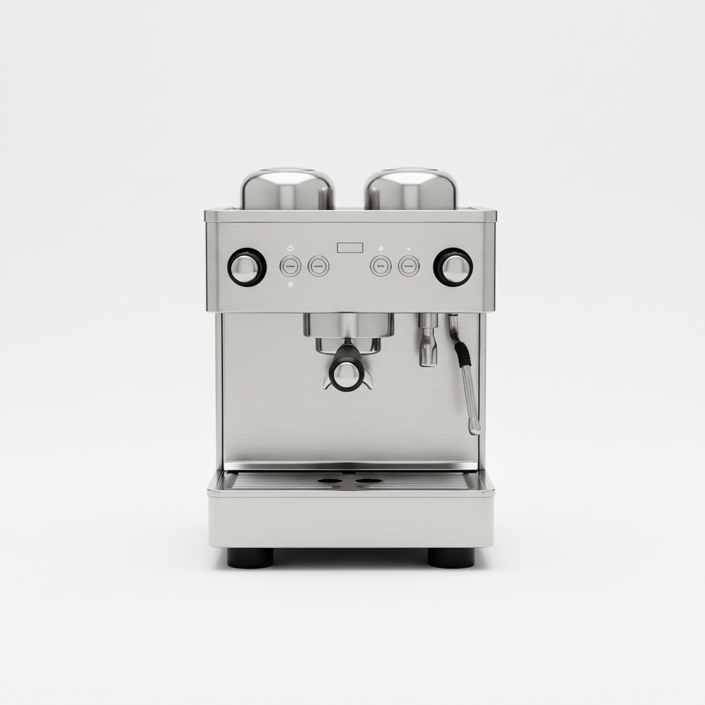 Professional brushed stainless steel espresso machine on white background