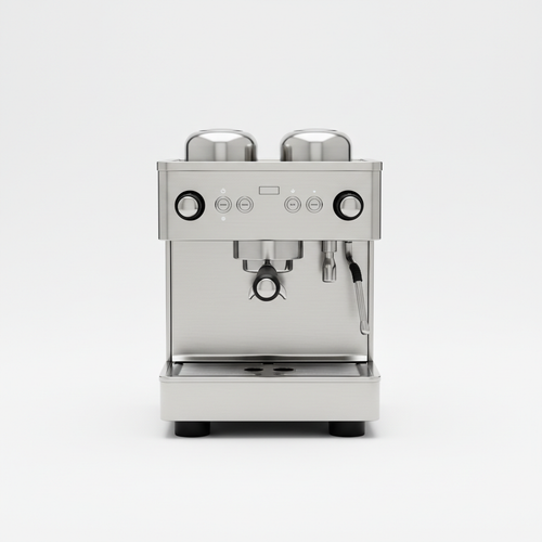 Professional brushed stainless steel espresso machine on white background