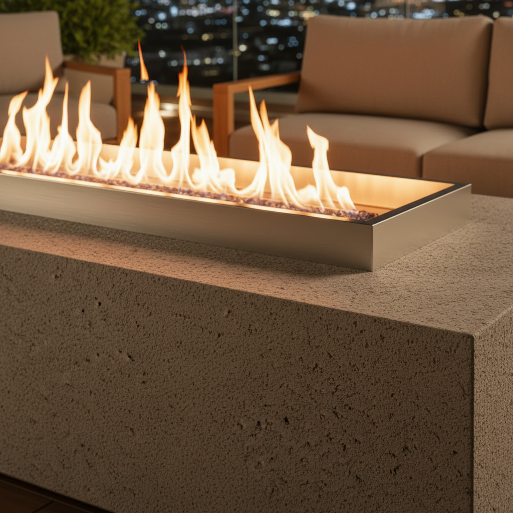 Close up of cast concrete texture and brushed steel grate on fire pit