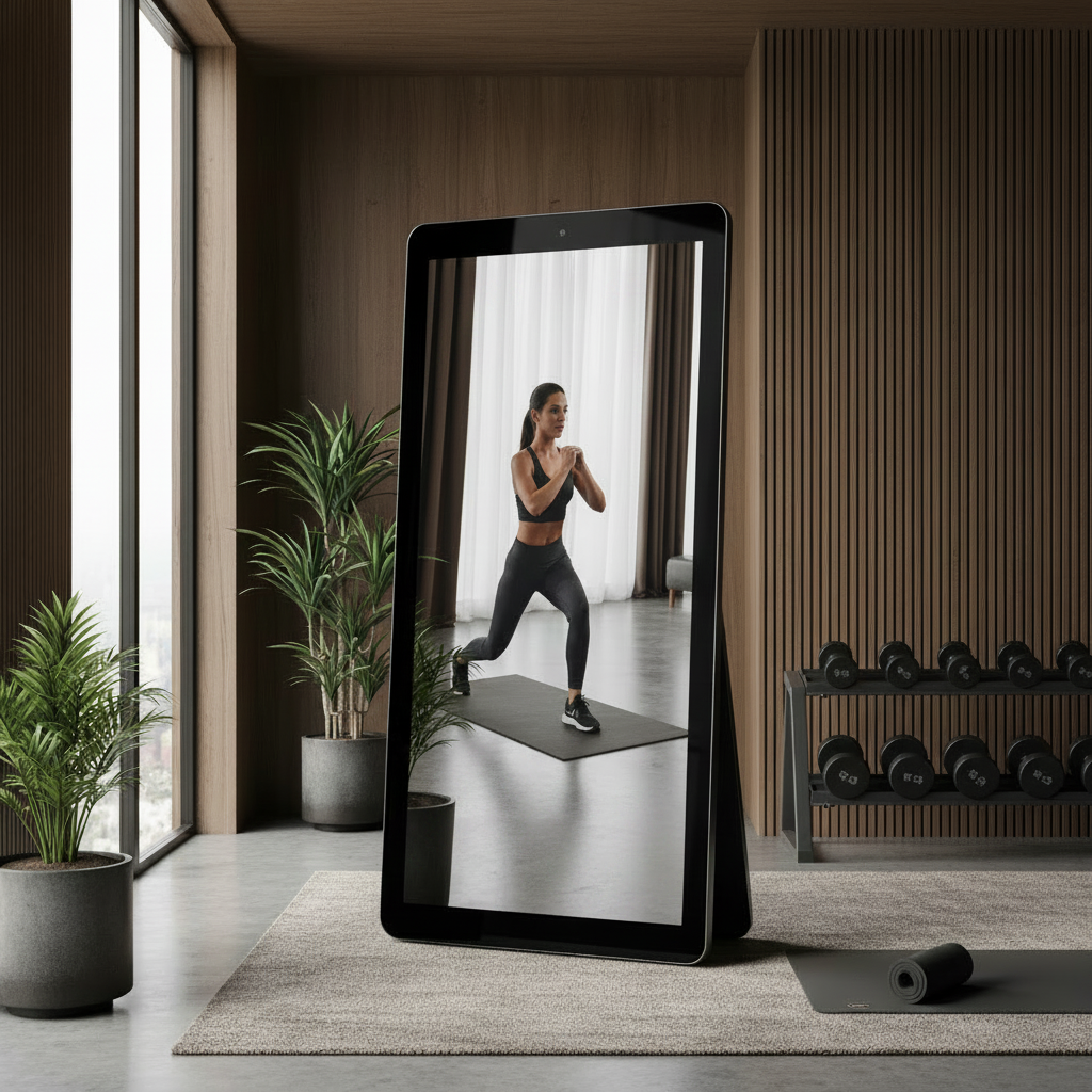 Smart fitness mirror switched off reflecting luxury home gym interior