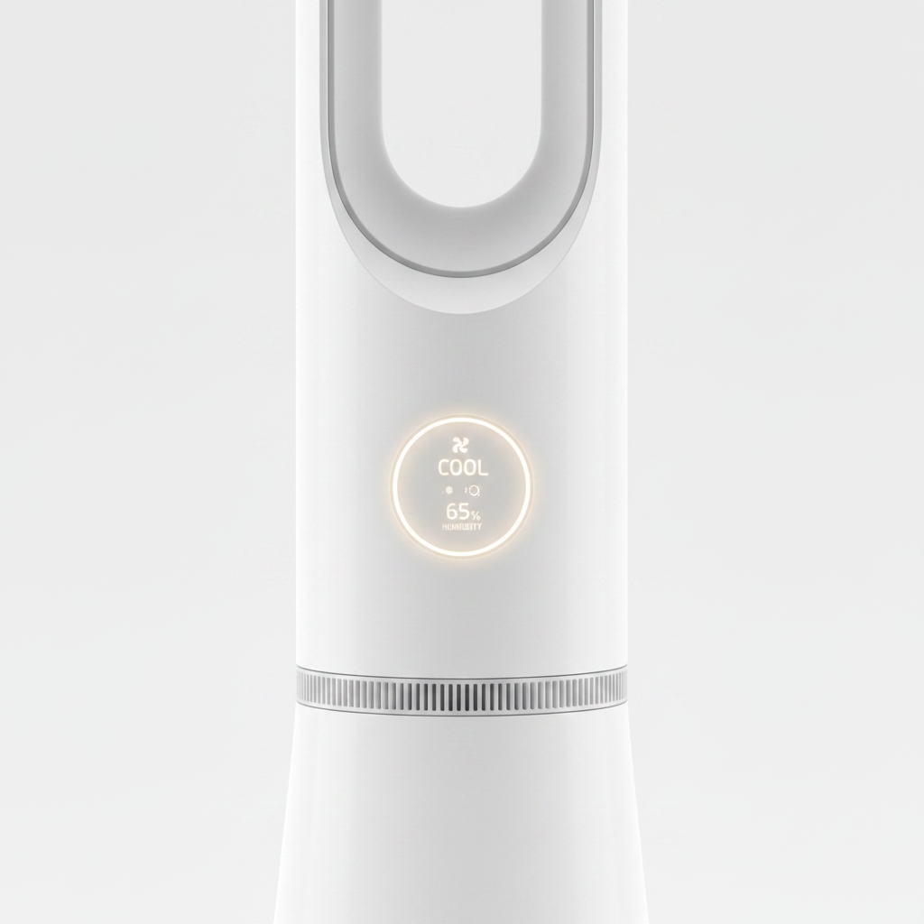 Close up of tower air purifier control panel and air outlet