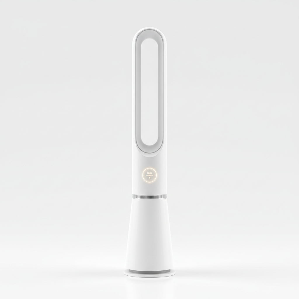 Sleek bladeless tower air purifier and cooler on white background