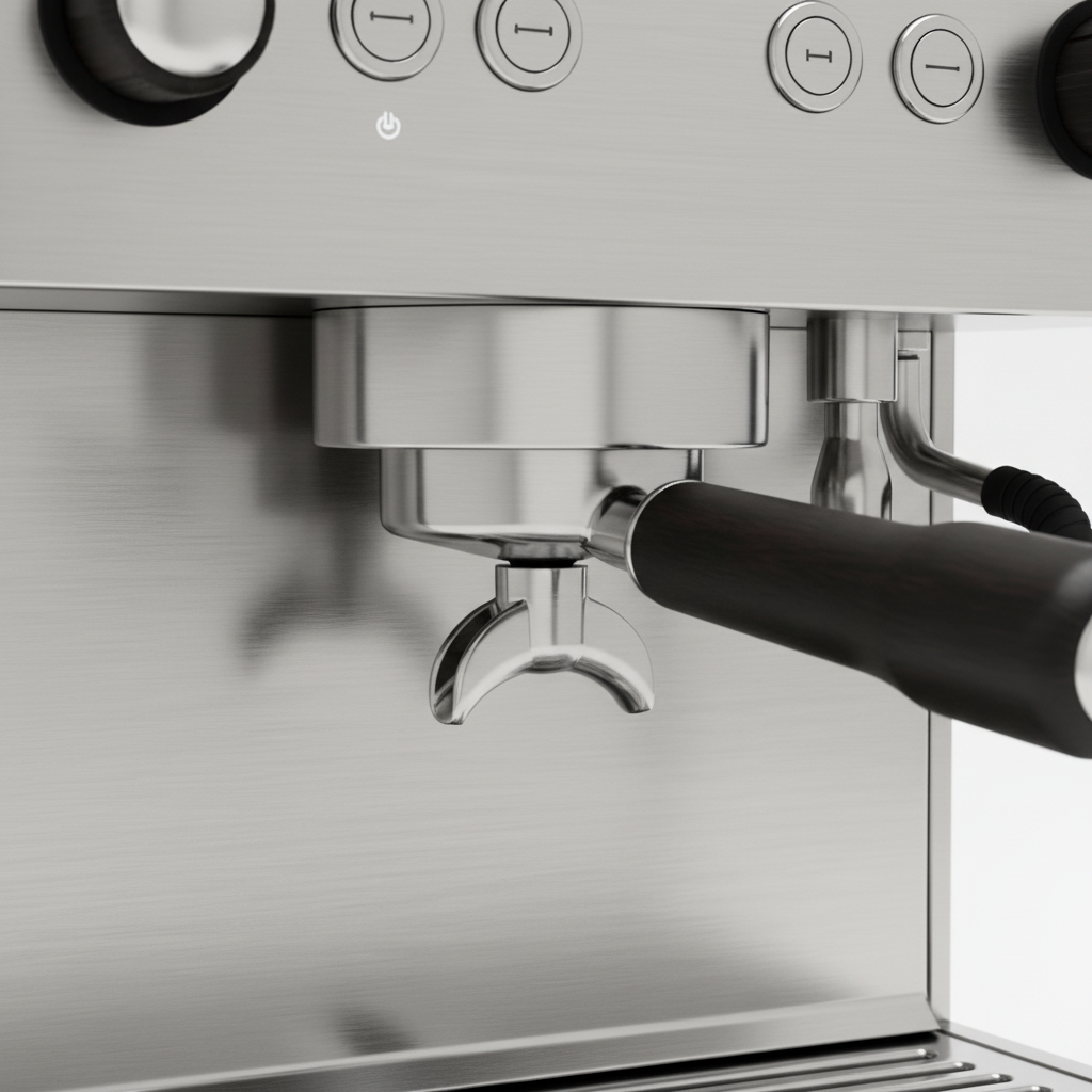 Close up detail of espresso machine portafilter and group head