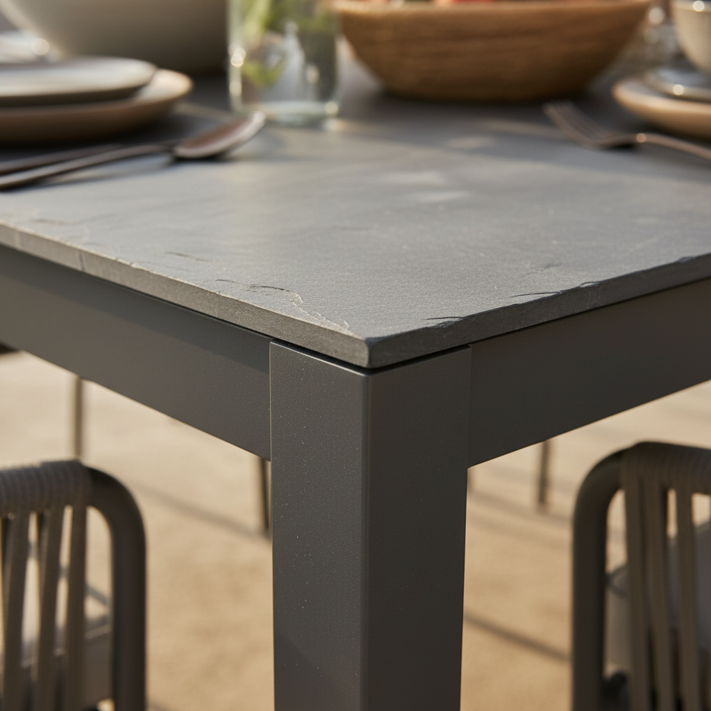 Close up of slate surface texture and powder-coated aluminium frame on outdoor dining table