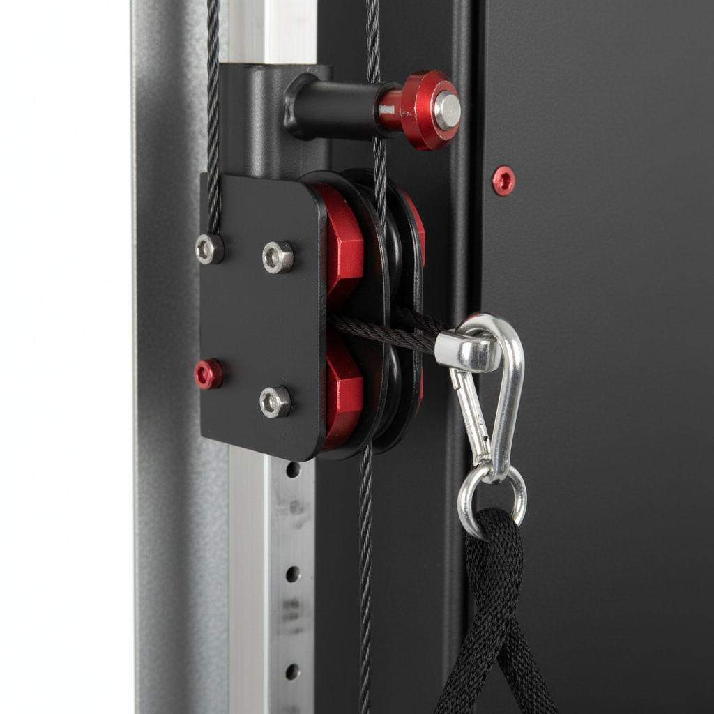Close up of dual pulley mechanism and red accent hardware on flat-panel cable machine