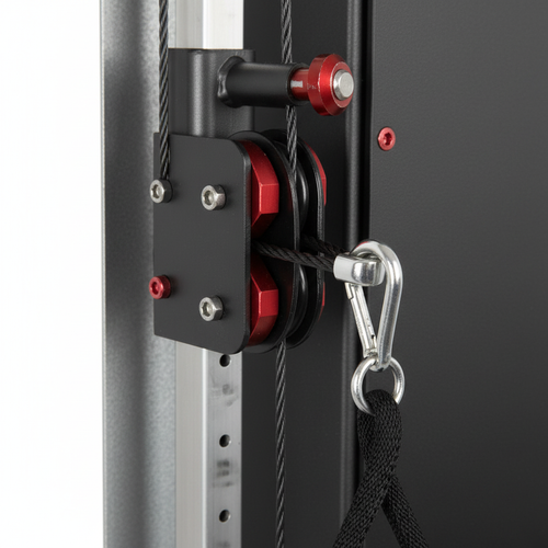 Close up of dual pulley mechanism and red accent hardware on flat-panel cable machine