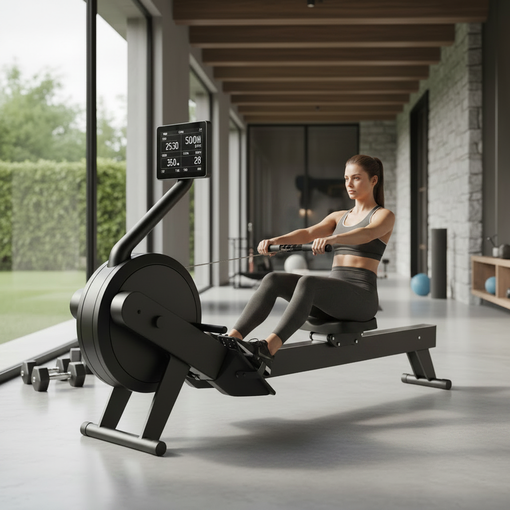 Person rowing on foldable rowing machine in a luxury home gym