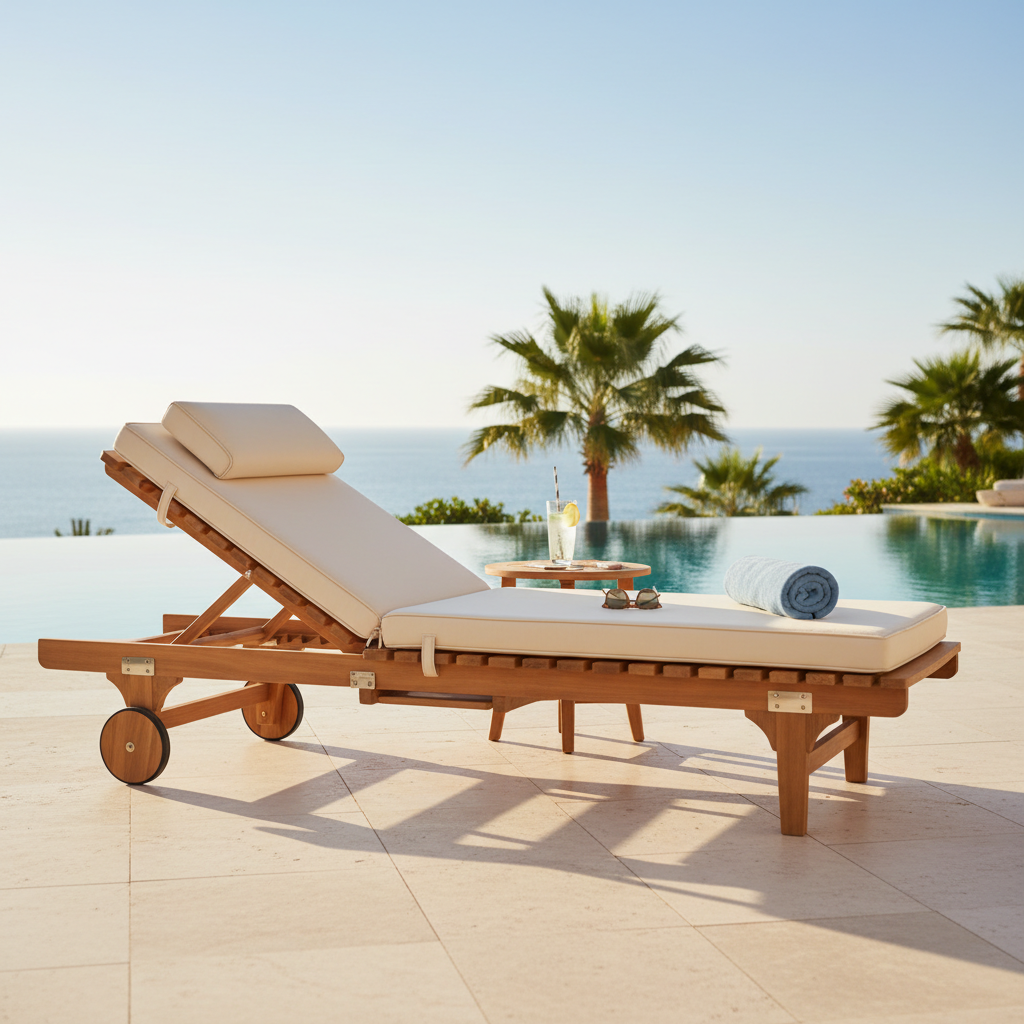 Hand-finished teak sunlounger styled on a poolside terrace