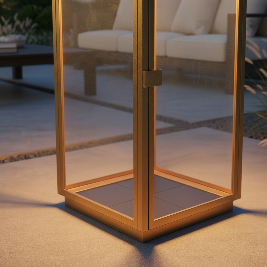 Close up of brushed brass finish and tempered glass panel on outdoor lantern