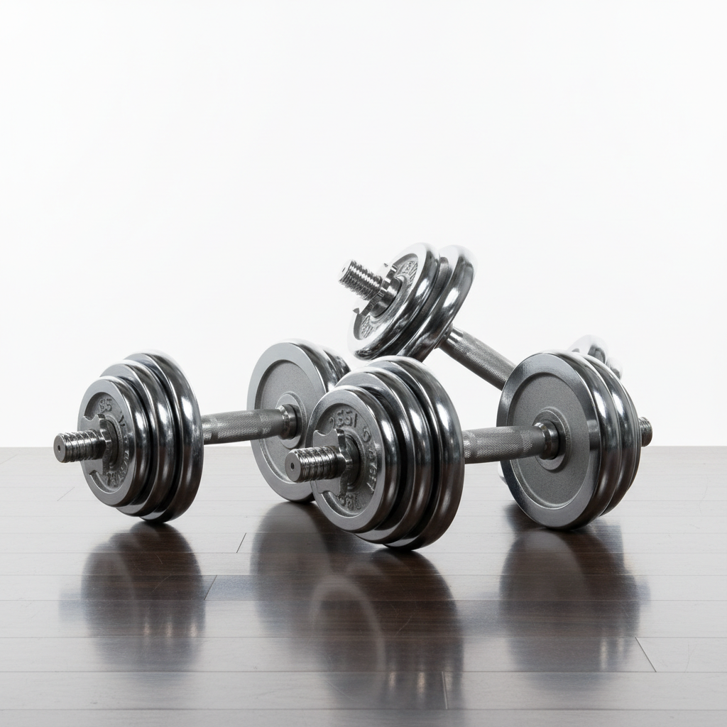 Adjustable dumbbell set with chrome finish on white background
