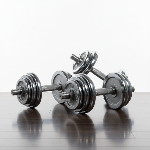 Adjustable dumbbell set with chrome finish on white background