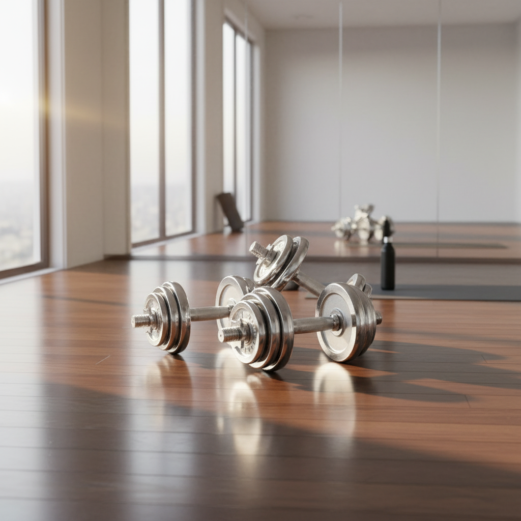 Adjustable dumbbell set styled in a luxury home gym