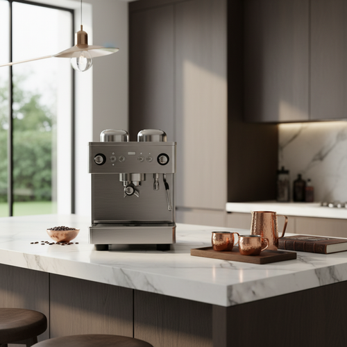 Espresso machine styled on a marble kitchen counter in a luxury kitchen