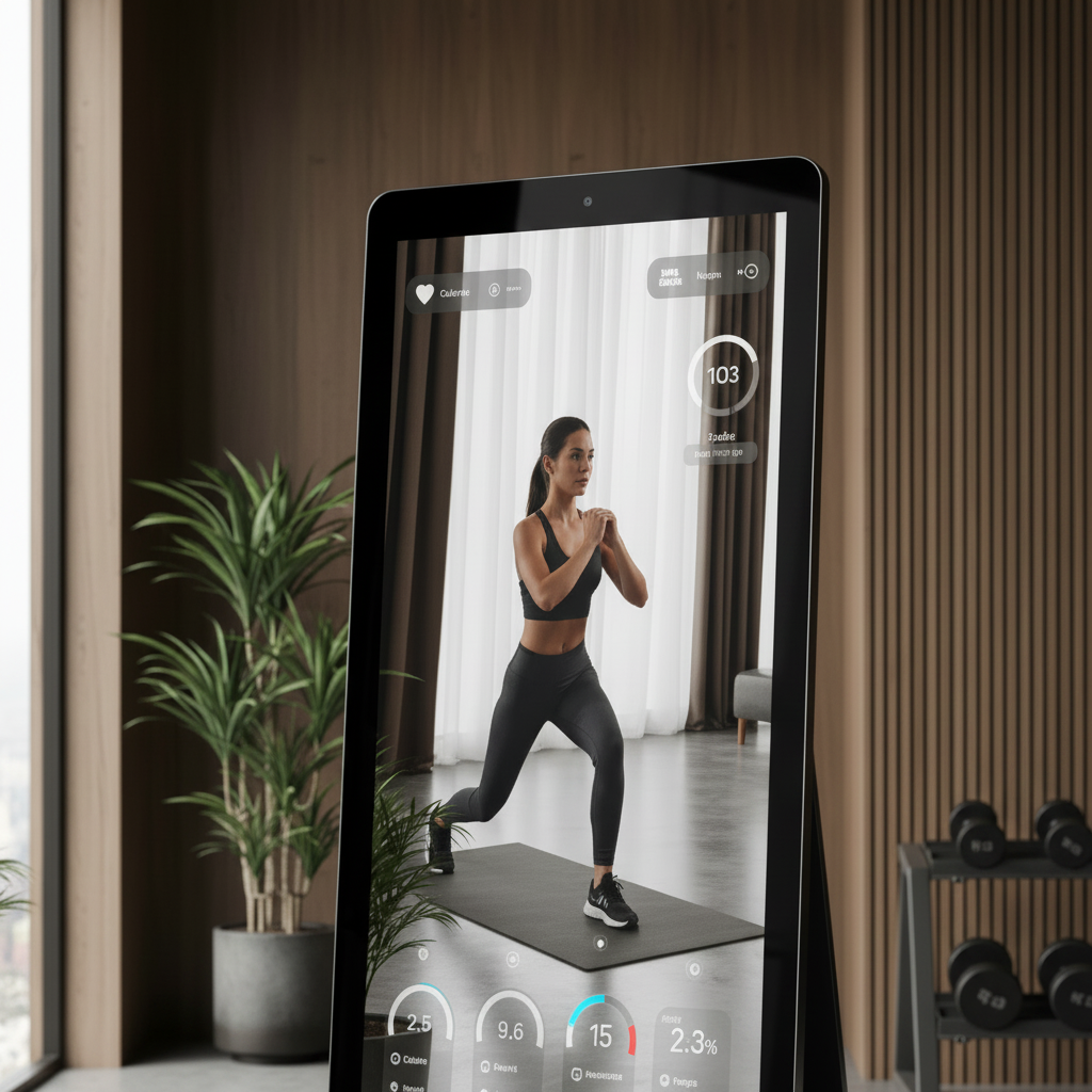 Close up of smart fitness mirror HD display showing workout metrics