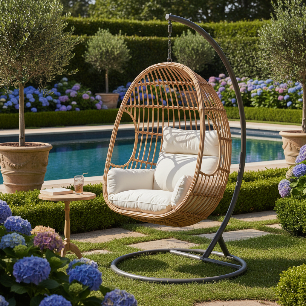 Hand-woven rattan hanging egg chair styled in a luxury garden