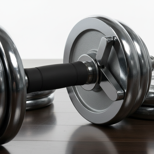Close up of chrome finish and rubberised grip on adjustable dumbbell