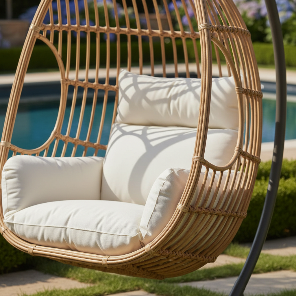 Close up of hand-woven rattan texture and weatherproof cushion on hanging chair