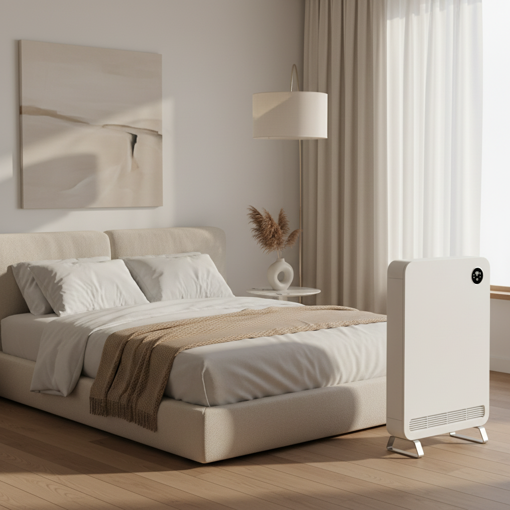 Slim smart radiator styled in a minimalist luxury bedroom
