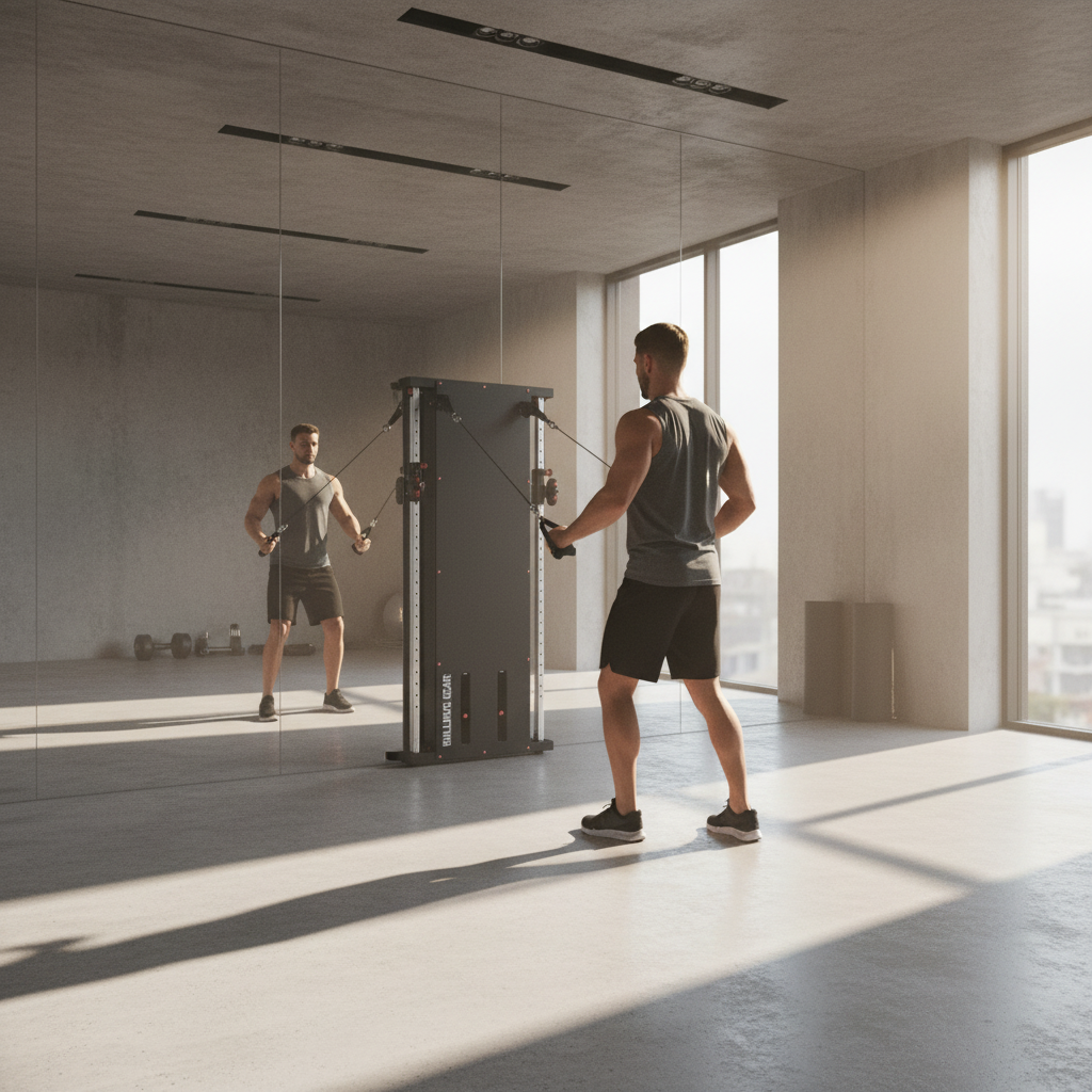 Flat-panel cable machine styled in a luxury home gym with person performing cable exercise