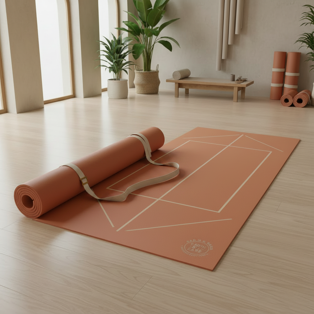 Natural rubber yoga mat rolled up with carry strap