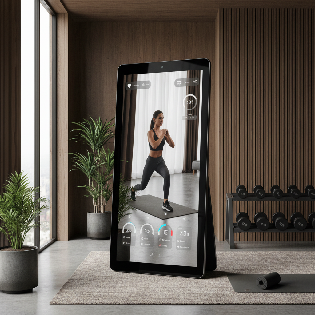 Full length smart fitness mirror showing workout class on HD display in luxury home gym