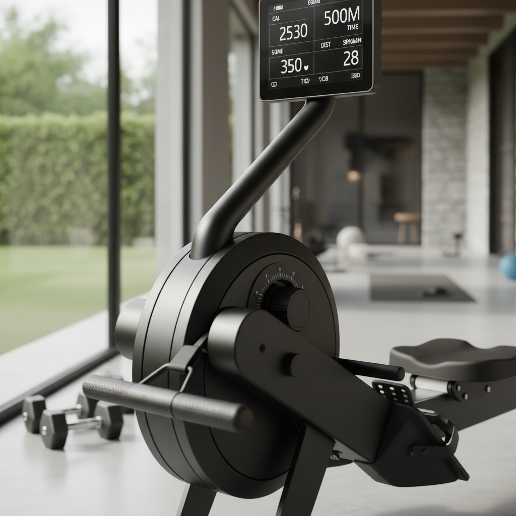 Close up of rowing machine LCD monitor and handle grip