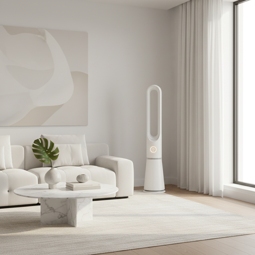 Bladeless tower air purifier styled in a minimalist luxury living room