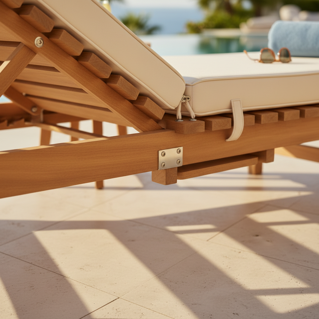 Close up of teak wood grain and stainless steel fittings on sunlounger