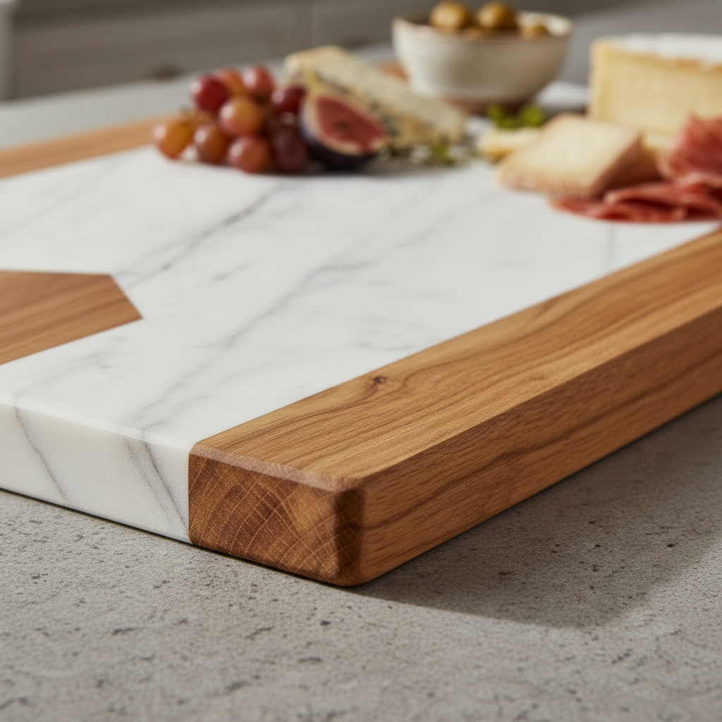 Close up of Carrara marble surface and acacia wood grain edge