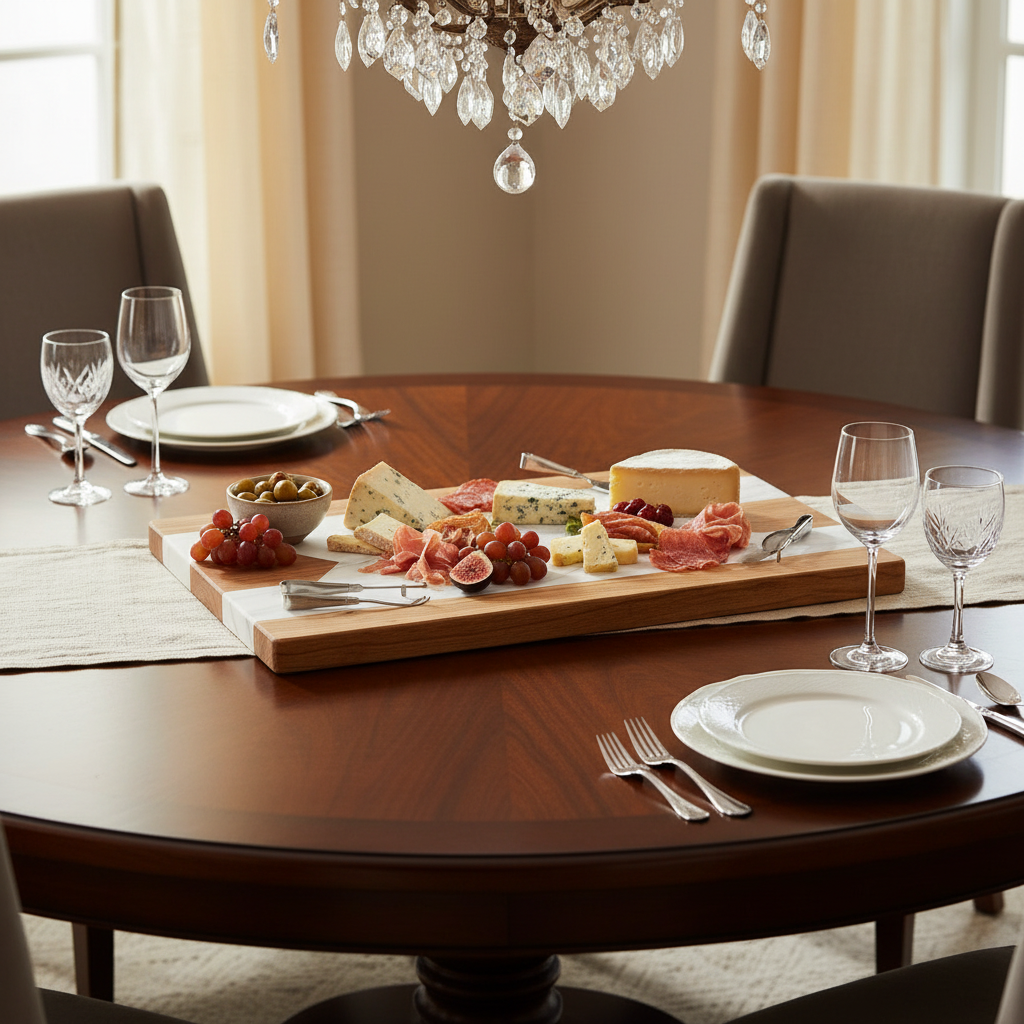 Marble serving board styled with charcuterie and cheese on a luxury dining table